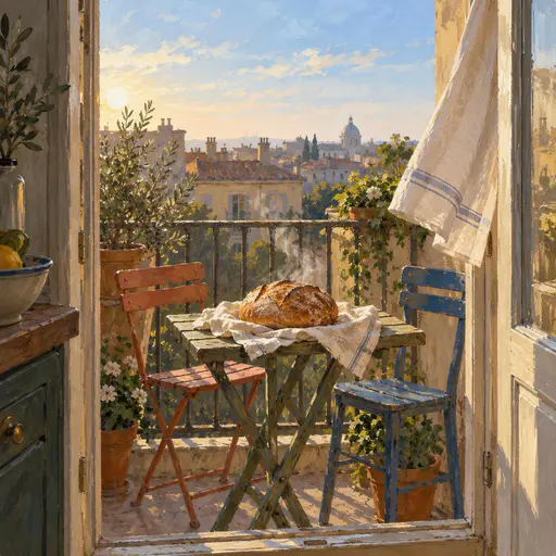 Apartment balcony through a kitchen doorway with a cooling loaf steaming on a cream cloth, two mismatched chairs behind and one towel lifting toward the kitchen.