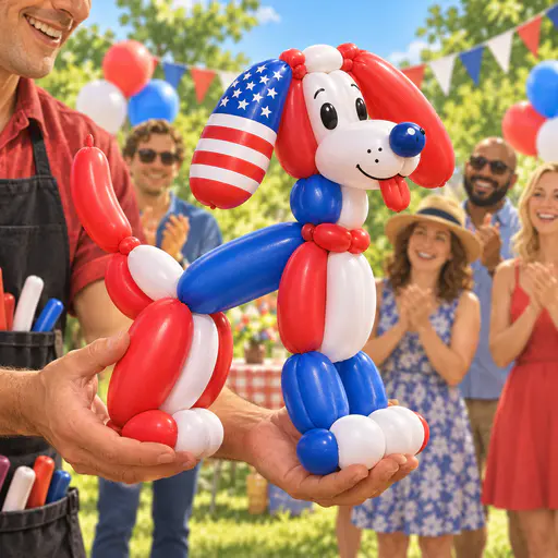 Balloon artist hands holding a balloon dog in flag colours with a star patch ear. Thirteen stripes and a neat canton stand pure.