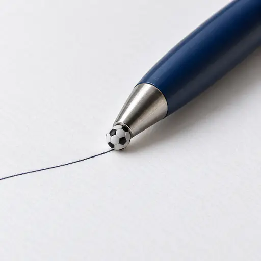 Macro product photograph of a large ballpoint pen lying diagonally on blank paper, a miniature soccer ball mounted exactly at its writing tip touching the page and trailing one thin continuous ink line behind it.
