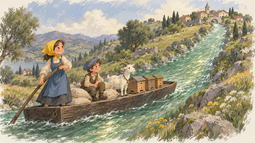 A wide flat barge carrying sacks of flour, a nanny goat and three wooden hives glides up a green river between meadows toward a village on the ridge with a ferrywoman at the pole and a shepherd boy in a patched blue cap on the sacks.