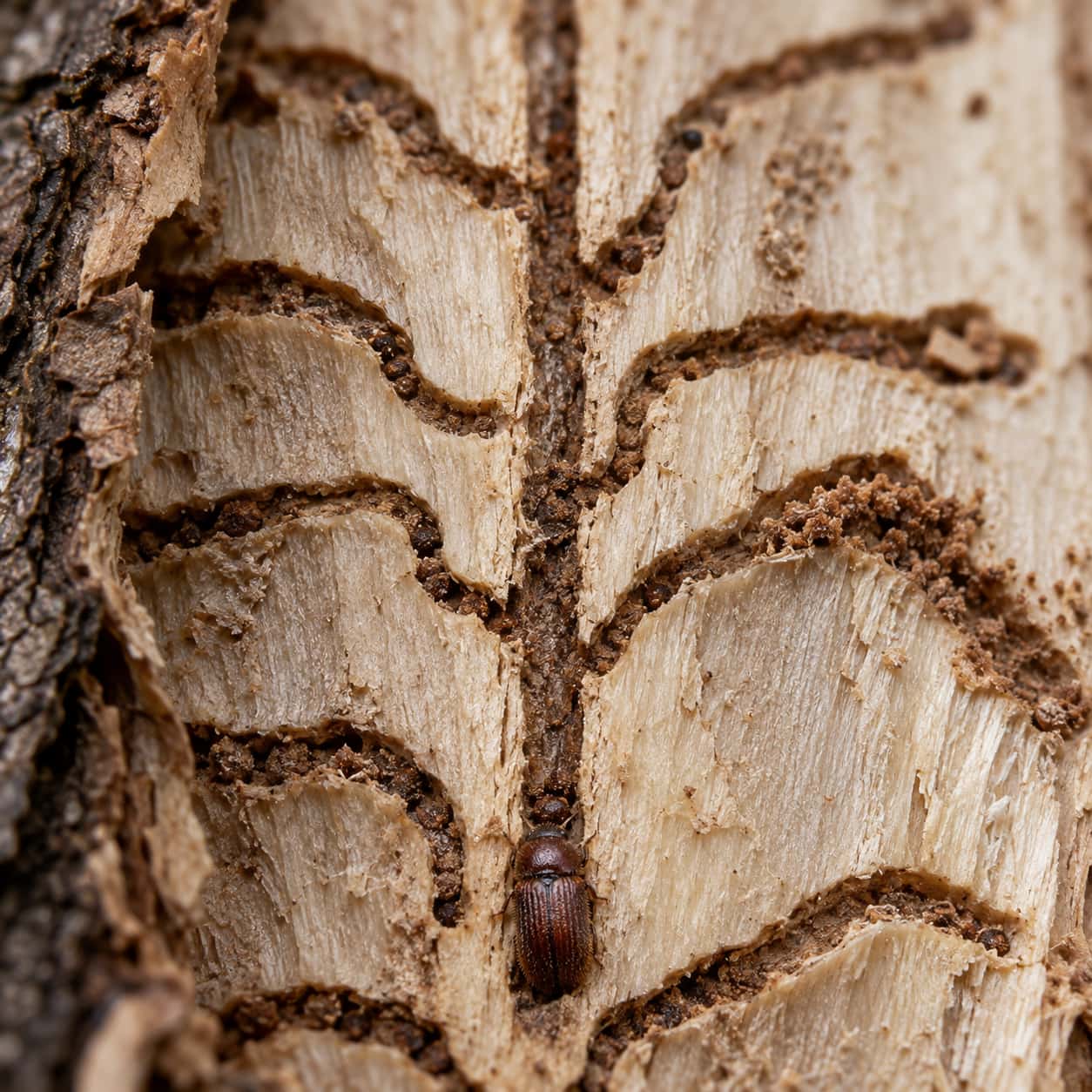 A peeled oak bark strip shows its pale inner face engraved with one straight central gallery and about nine curving side galleries, a small brown beetle at the bottom of the central tunnel and rust-brown wood dust in the channels.