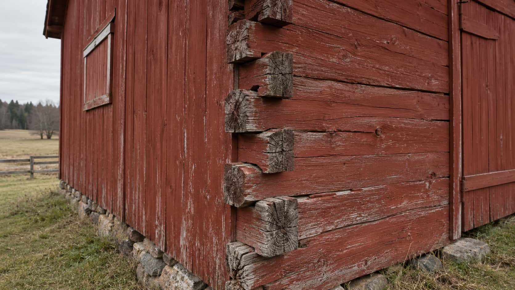 The corner of a red barn reveals its timber joints with interlocked notched beams meeting at right angles in clear light.