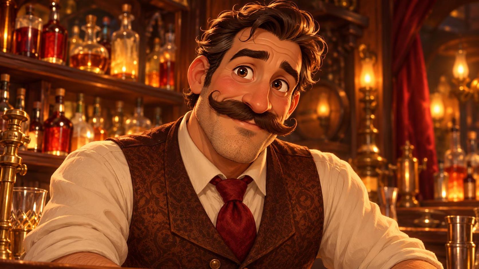 A portrait of a bartender with a handlebar moustache and waistcoat in front of a dark bar.
