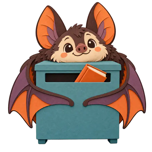 Layered cut-paper illustration of a smiling bat wrapping its wings around a squat book-return box as a plain unlettered book slides into the slot; friendly halloween school library clipart with a transparent background.