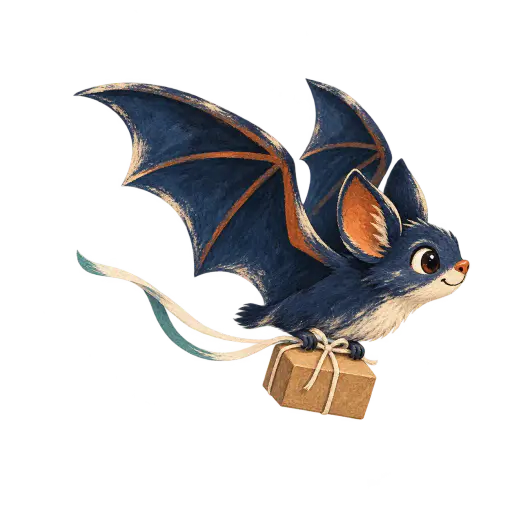 Gouache illustration of a cute broad-winged bat in mid-flight carrying a small plain kraft parcel beneath its body, the plain ribbon trailing into a single looping flight arc; isolated halloween clipart on a fully transparent background.
