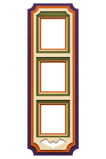 Vertical layered paper-cut photostrip border with three empty rectangular windows stacked down the middle and a small bat-shaped ticket notch punched below the bottom window; plain unlettered margins, transparent openings for Halloween photo-booth strips.