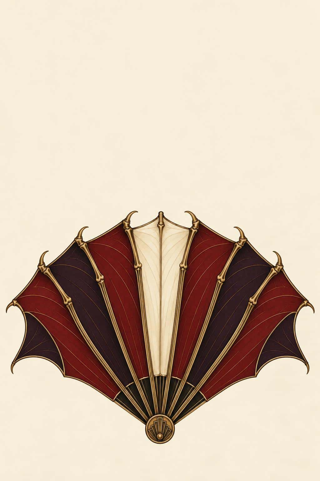 Art-deco poster background with a spread folding fan whose pleats are bat-wing panels in oxblood and midnight plum under a blank ivory title area, an art deco halloween invitation backdrop with copy space.