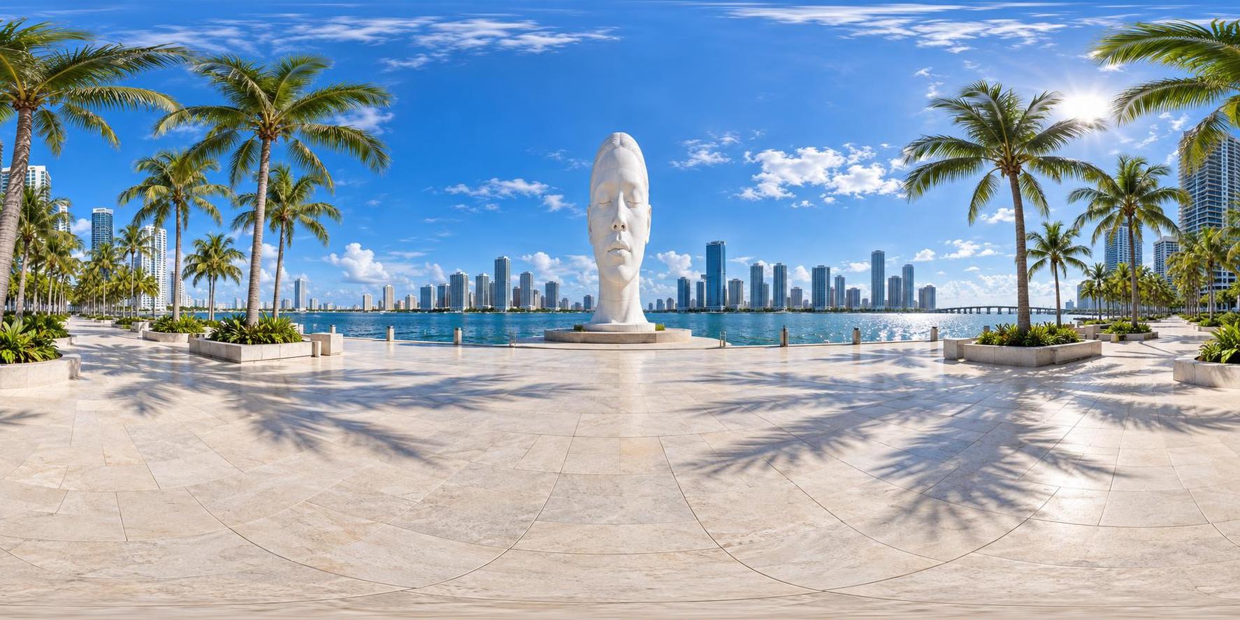 A panoramic view of a bayfront plaza with palms, skyline, water and a large white abstract head sculpture.