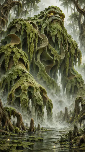 A hulking swamp monster rises from a misty bayou with green algae and hanging vines dripping from its shoulders and glowing yellow eyes among twisted cypress trees and fireflies.