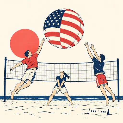 Beach ball printed with stars and stripes bouncing between adult players on bright sand. Thirteen stripes and a neat canton meet sun and water.