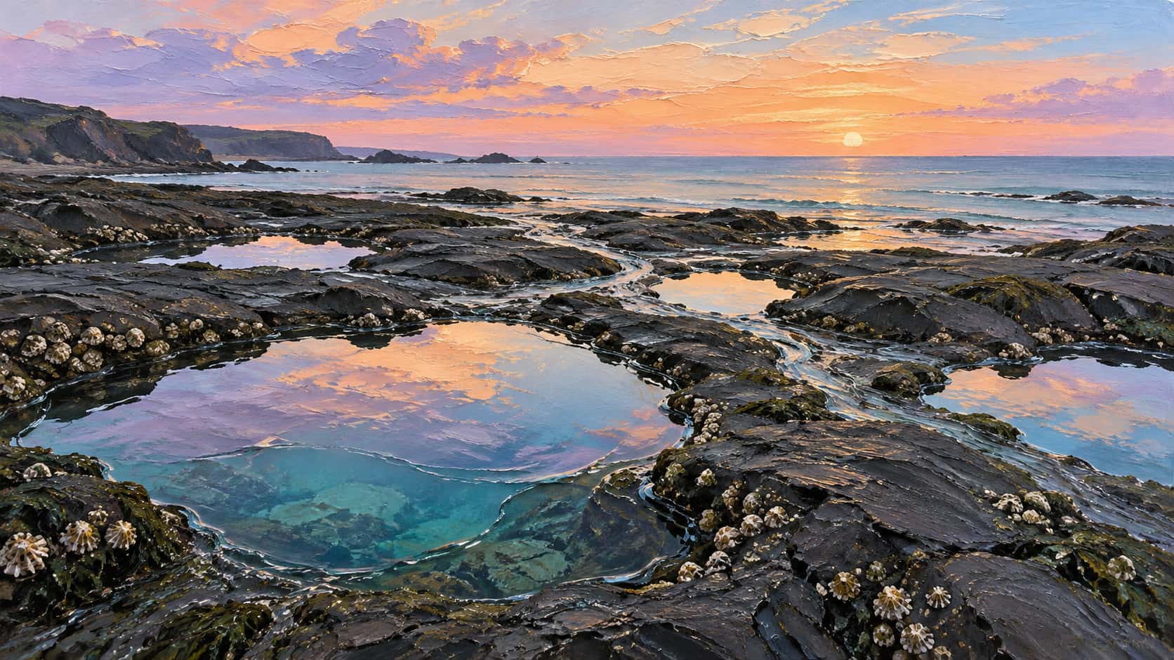 Tidal pools on dark rock shelves at low tide reflect an apricot and lavender evening sky in translucent acrylic gel relief over opaque paint.