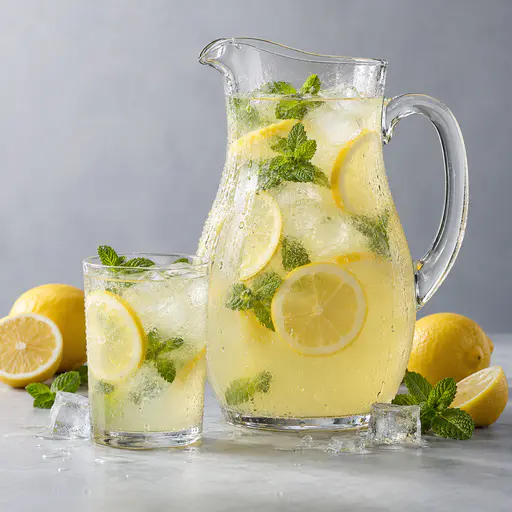 A tall clear glass pitcher of pale yellow lemonade is beaded with condensation with ice cubes, thin lemon wheels and mint sprigs inside beside a single glass on a cool grey backdrop.