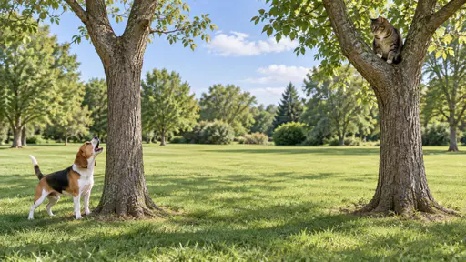 Barking up the wrong tree: a wide eye-level staged animal photograph on a sunlit park lawn, where a beagle tips its head back and barks straight up the empty trunk of the left-hand tree while a tabby cat sits in a fork of a clearly separate tree on the right, looking down at the dog.
