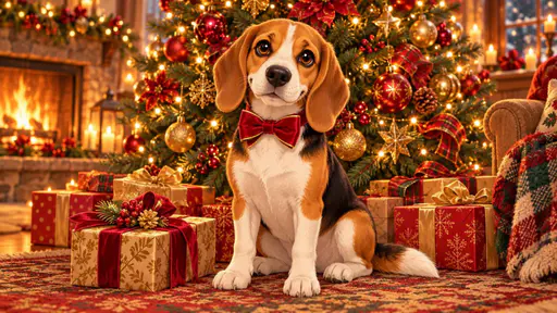 A beagle in a red bow tie sits in front of a decorated Christmas tree with warm lights and ornaments and wrapped gifts at its paws.