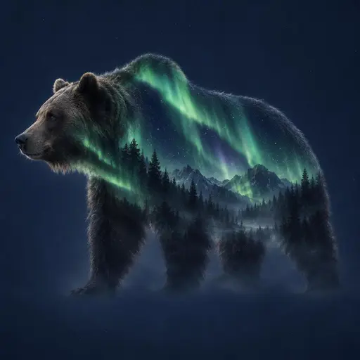 Double exposure photograph of a brown bear in full-body profile, green aurora ribbons and faint stars filling its silhouette from within, the brightest bands following the shoulder hump and dipping along the jaw, one small eye readable through the blended tone.