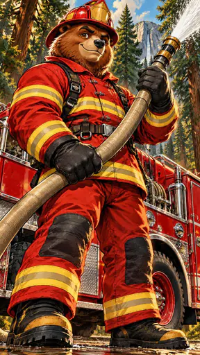 A brown bear stands upright in a red and yellow firefighter uniform with a helmet and a hose in front of a forest and a red fire truck.