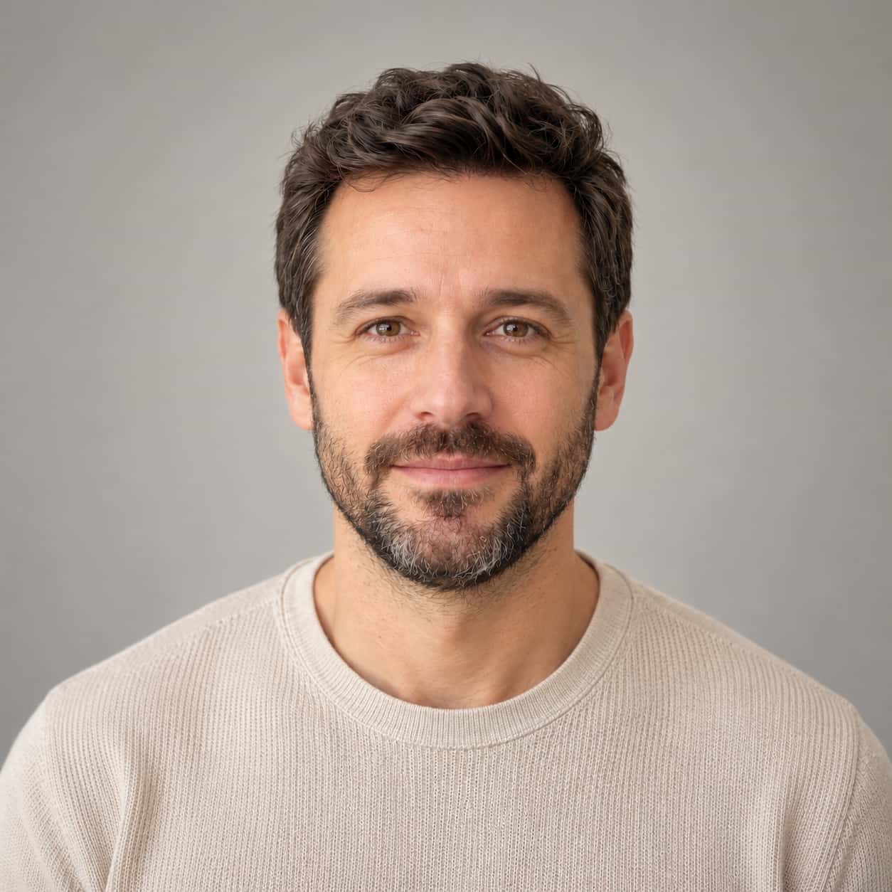 A head-and-shoulders portrait of an adult man with short wavy dark brown hair, a full trimmed beard with grey flecks and warm brown eyes, facing the camera with a neutral expression against a plain warm-grey backdrop.