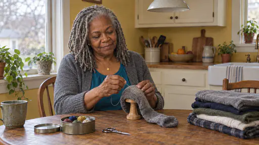 A full-figured woman with silver locs in a teal blouse darns a grey wool sock on a wooden mushroom with a threaded needle at a round oak kitchen table beside a tin of threads and small scissors in soft afternoon light.