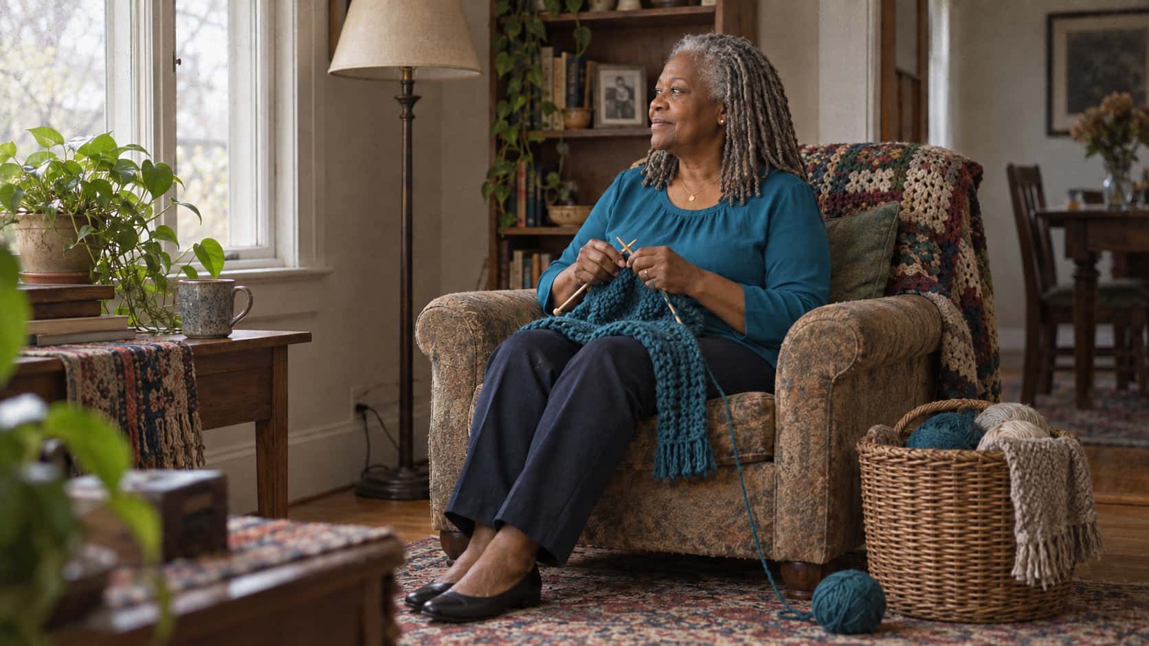 A full-figured woman with silver locs in a teal blouse sits in a worn armchair with a half-finished teal scarf on her lap and knitting needles paused mid-stitch beside a large wicker knitting basket with a ball of wool on the rug in warm afternoon window light.