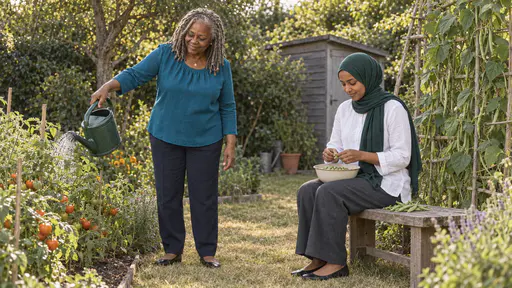 A full-figured woman with silver locs in a teal blouse waters a row of tomato plants with a green watering can while a woman in an emerald-green hijab sits on a low wooden bench shelling peas into a bowl in a small back garden with a bean trellis.