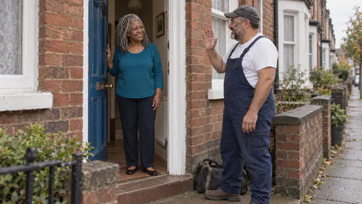 A full-figured woman with silver locs in a teal blouse stands in the open blue front door with a welcoming smile while a stocky repair worker with a short grey beard in dark blue overalls stands on the brick step with his toolbag at his feet.