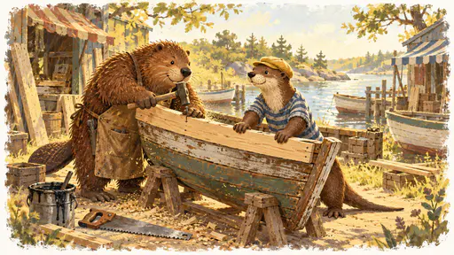 In a small boat-repair slip a stocky brown beaver in a leather apron hammers a new plank onto the hull of a little wooden rowing boat on trestles while a sleek otter in a blue striped jersey and yellow cap holds the plank steady with a tar tin and a saw nearby in golden daylight.