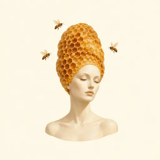 Beehive hairdo: a smooth mannequin bust wears a tall sculptural hairstyle made entirely from golden honeycomb, with three bees hovering near its crown.