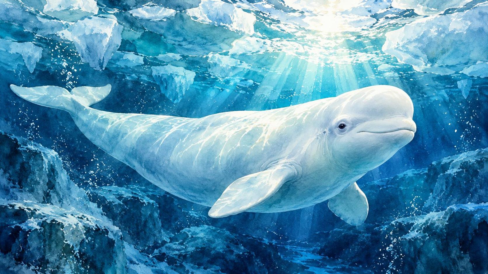 A white beluga whale glides under clear blue arctic water with chunks of floating ice above and sunlight rays beaming down.