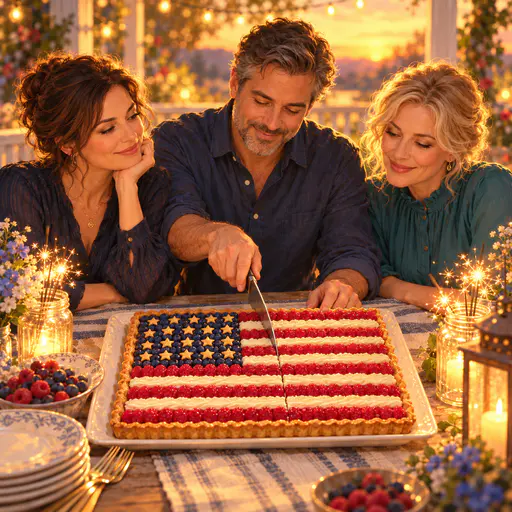 Three adult friends in their forties in modest button up shirts and high neck blouses lean over a flag shaped berry tart with raspberry cream stripes and a blueberry star canton on a porch table with jar sparklers.