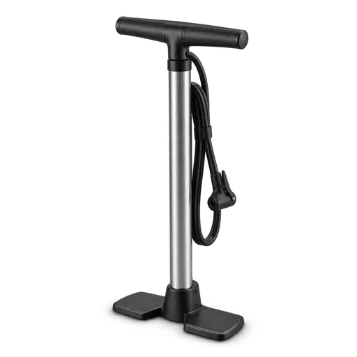 A bicycle floor pump standing upright on two foot plates with a black handle, a silver barrel and a coiled hose on a transparent background, with a soft contact shadow.