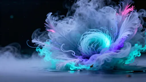 A silky, semi-translucent bioluminescent ink plume billows in still water like a celestial flower, with threadlike inner filaments, turquoise-cyan core glow and faint magenta fringes, framed as a meditative macro study.