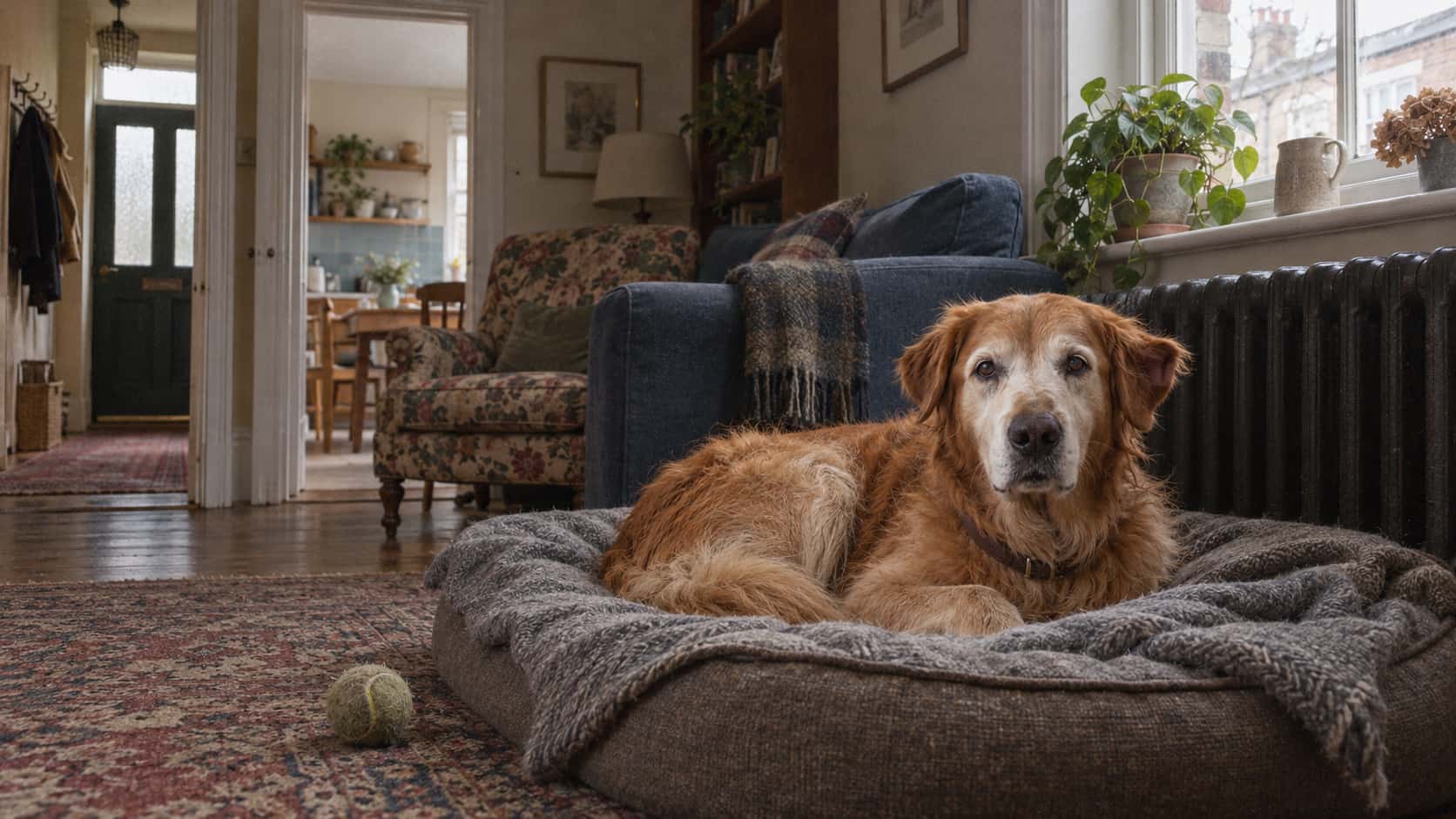 An old golden retriever with a grey-white muzzle lies curled on a pet bed with a folded grey blanket beside a cast-iron radiator in a living room with a blue sofa in low afternoon light.