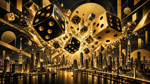 Black and gold dice bursting outward above a lit city skyline at night.