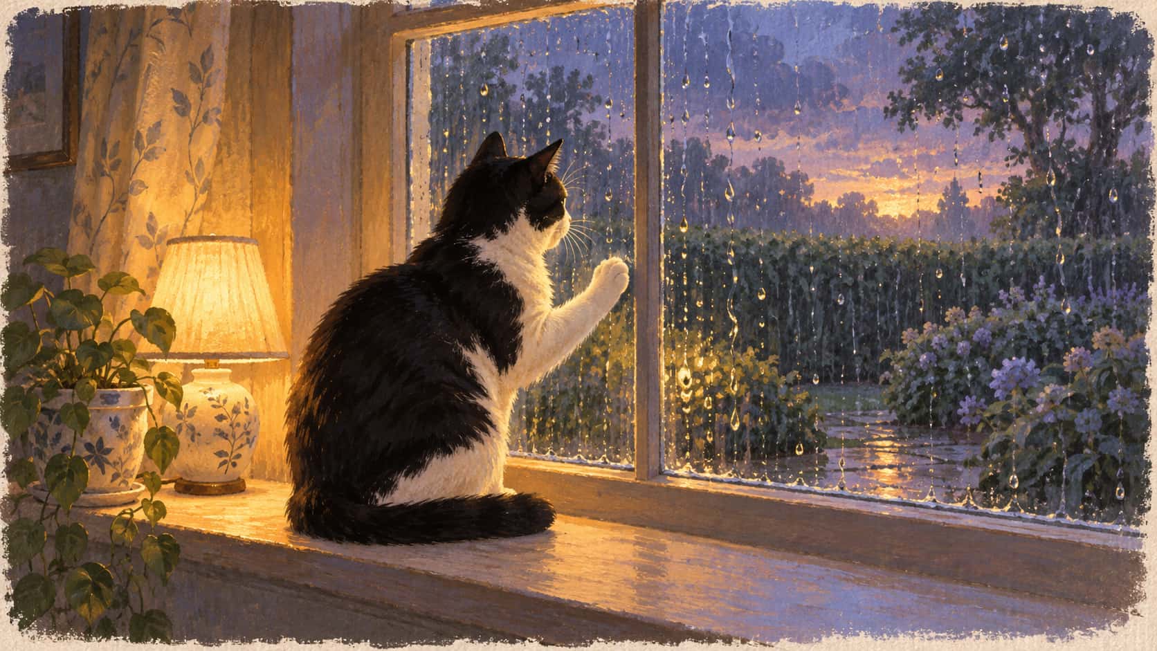 An adult black and white cat sits on a deep windowsill looking out at a rainy dusk garden beside a glowing lamp and a potted plant in soft gouache.