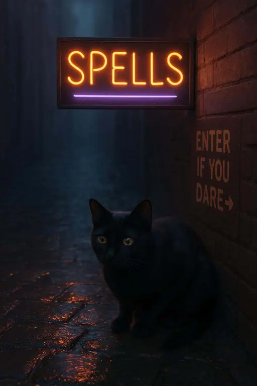 Street-smart black cat pauses under a flickering neon sign that reads "SPELLS" in a narrow rainy alley, orange and violet reflections, subtle rune glints in the eyes.
