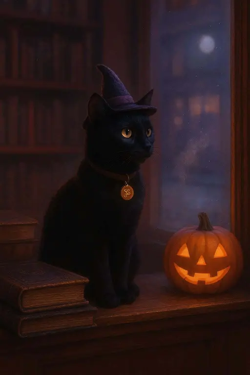 A sleek black cat perches on a cozy spell bookshop windowsill at night, magenta-gold neon wash, moonlit cool glow, jack-o’-lanterns, fogged glass patch, quiet Halloween mood.