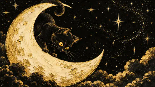 A cute black cat with bright yellow eyes peers curiously down from a perch on a glowing crescent moon in a starry night sky with its tail curling over the moon tip.