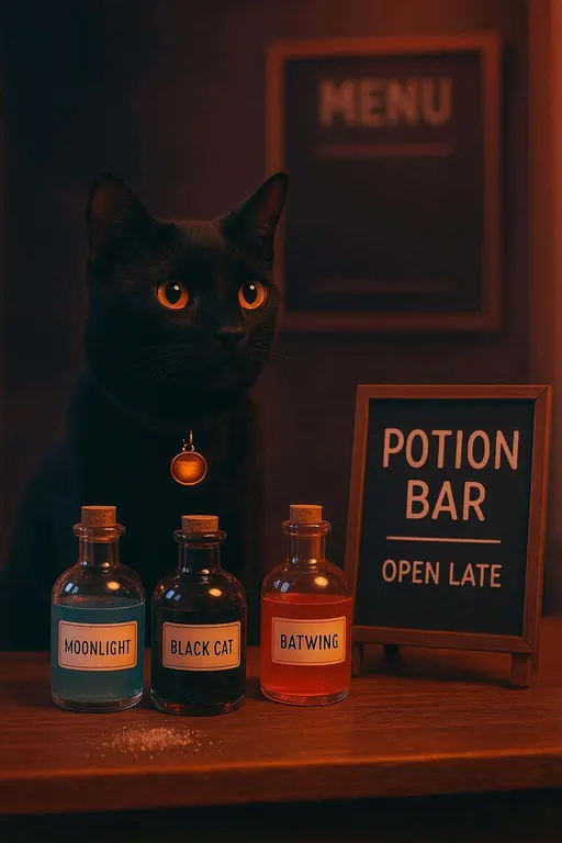 A black cat sits behind a sidewalk potion counter with pulsing collar tag and dry-ice vapor, labeled bottles in rows, warm candy-colored light and crisp cool outline glow.
