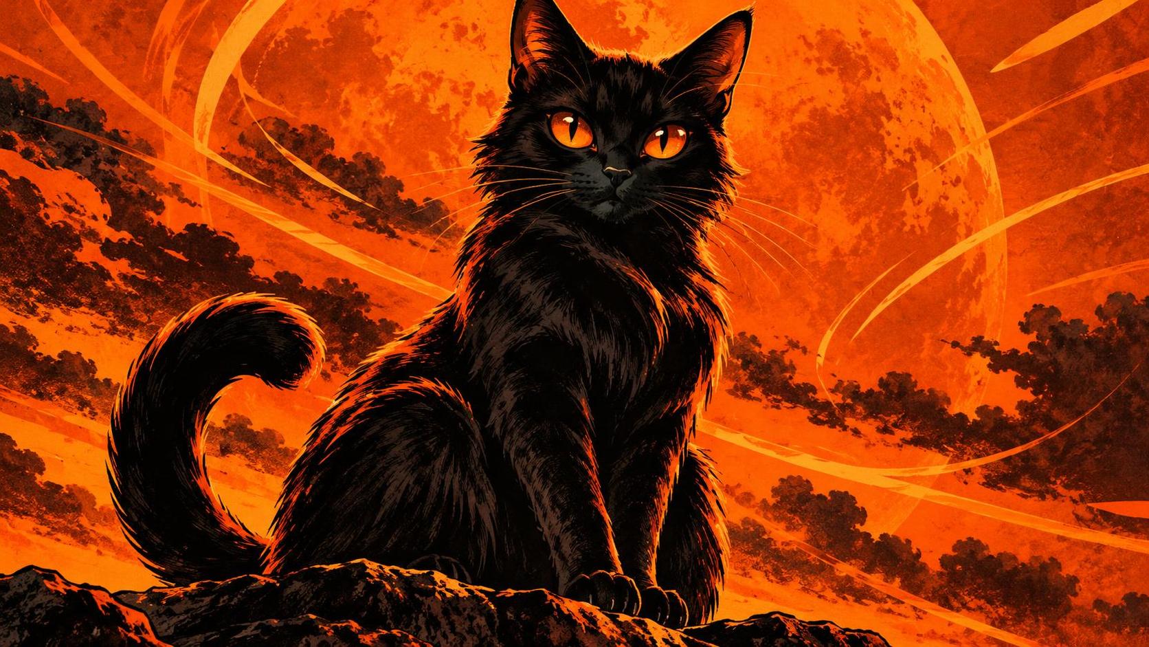 A black cat with orange eyes against a bold orange sky.