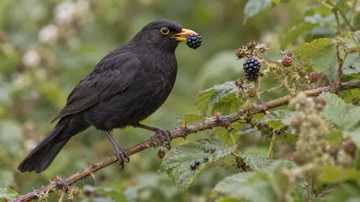 A blackbird perched on a bramble stem in a hedgerow holds a single ripe blackberry in its yellow beak with one berry still on the stem beside it and a few small seeds dropped on a leaf below in soft overcast light.