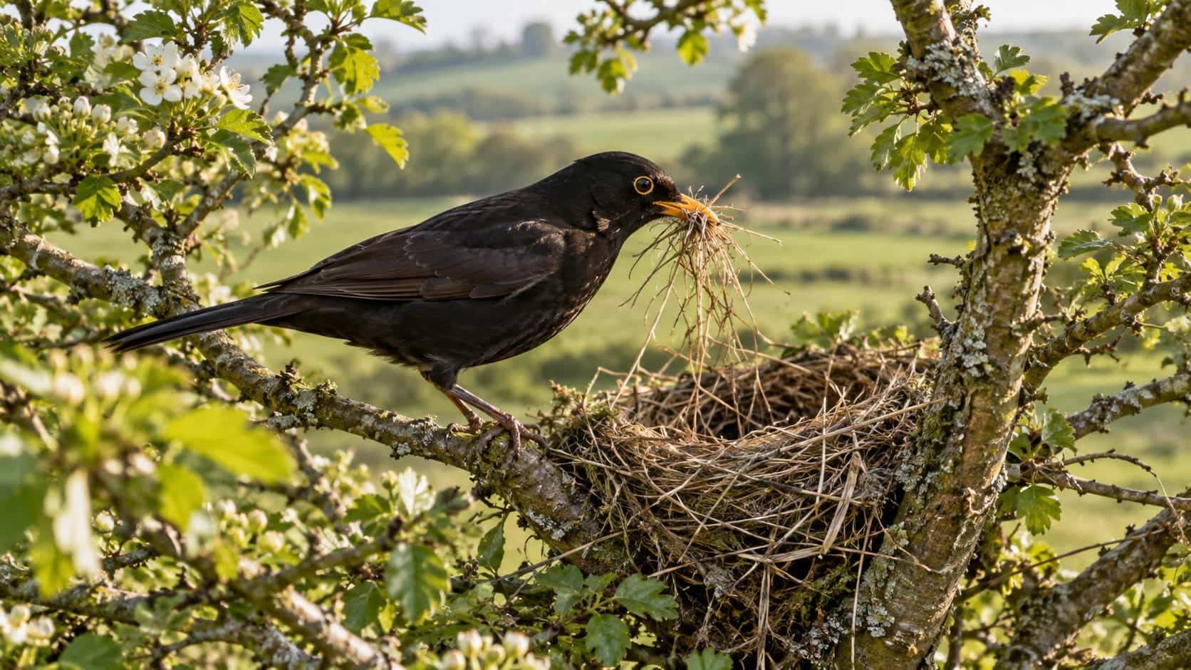 A male blackbird with a yellow beak perches in the fork of a hedgerow branch weaving a beakful of dry grass stems into a half-built cup nest in soft morning side light with a green field blurred behind.