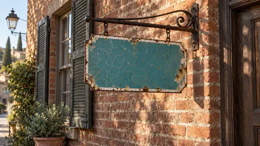 A blank weathered enamel shop sign with chipped turquoise paint and a white border hanging from an iron bracket on a red-brick shopfront, rust at its edges, a shuttered window and a door frame beside it in raking sunlight.