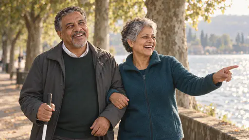 A stocky man with greying curls and a white cane rests his hand on the elbow of a petite older woman with short silver-grey hair, in a teal fleece, as they walk and laugh along a shaded lakeside path under plane trees with the lake glinting behind them.
