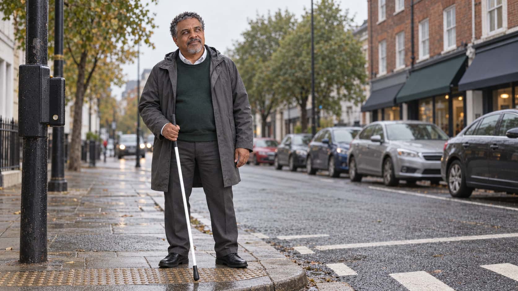 A stocky man with greying curls, a trimmed grey goatee and clouded pale grey eyes, in a dark green sweater and an open grey raincoat, waits at a city kerb with his white cane tip on the tactile paving, parked cars and shopfronts with awnings blurred behind him.