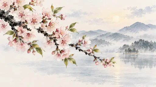 A flowering cherry branch crosses the frame with pale pink blossoms and fresh leaves against a misty spring morning of faint hills and a lake in ink dabs.
