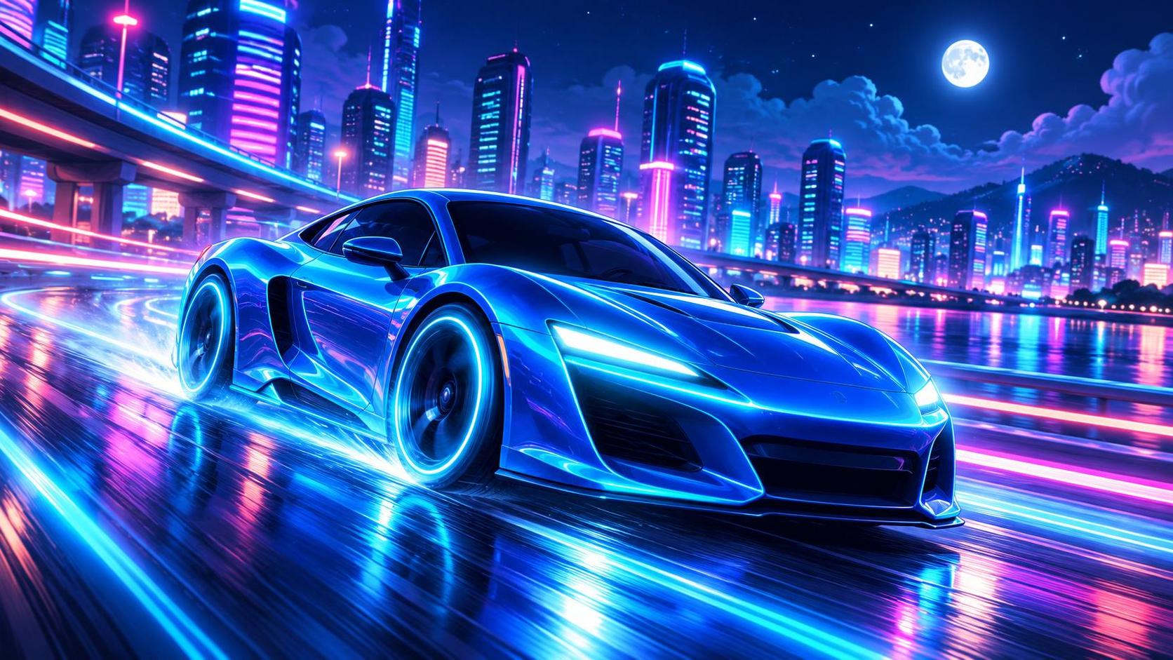 A blue car speeding past blurred neon city lights.