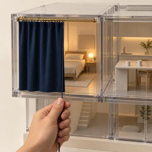 Studio photograph of a transparent room model on an ivory base with a deep blue curtain half-drawn on a brass rail across one lamplit bedroom cube, a visible kitchen with two cups beside it, and a hand pulling the cord.