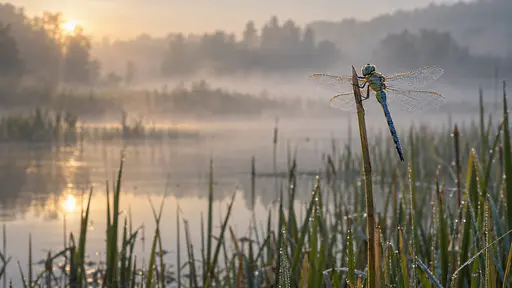 A blue emperor dragonfly rests on a reed tip with dew beads and flat veined wings at the edge of a misty pond at dawn in an atmospheric wildlife photograph.