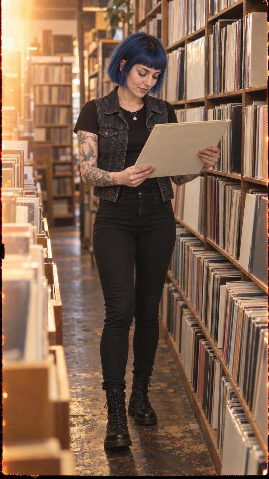 A blue haired tattooed woman in a black tee and denim vest holds a blank sleeved vinyl record up in a shop aisle with tall record shelves behind her and an amber film light leak at the upper left.