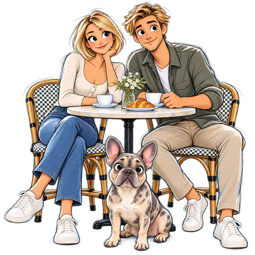 Sketch-style illustration of a couple with their French bulldog at a café table in blue and olive tones